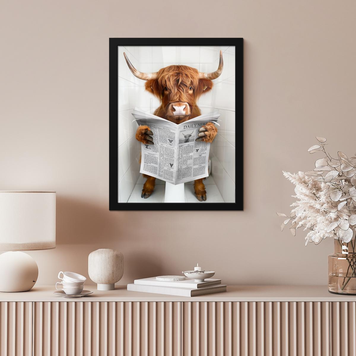 POSTER MIT RAHMEN Schottischer Highlander - Tier - Zeitung - Toilette Bilderrahmen 30x40 cm - Kastanienfarben, Papier (30/40cm) - MuchoWow