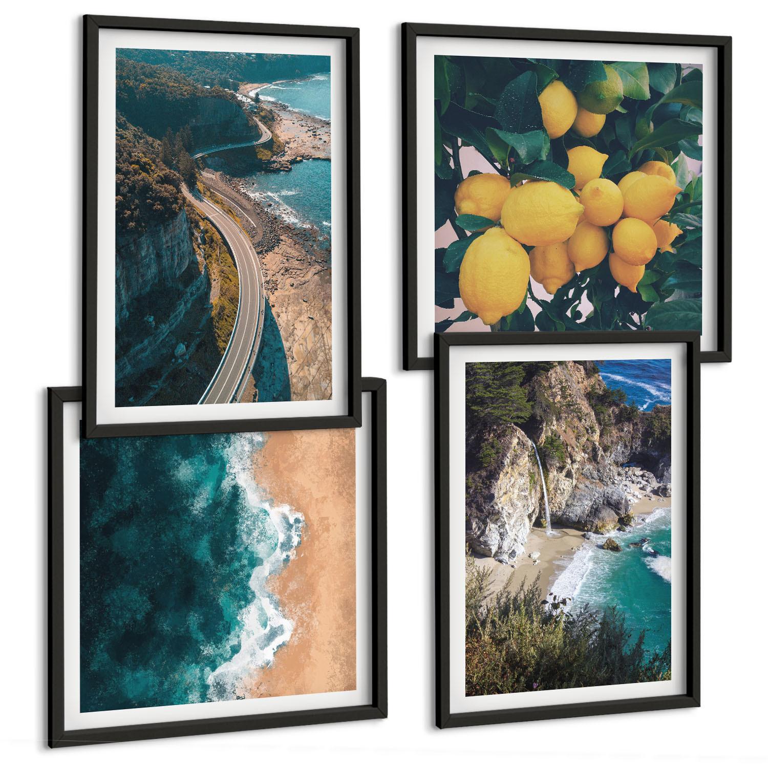 BILDER SET 4er Set - 50x50 cm & 40x60 cm Schwarzer Rahmen - Meerstrand Zitronen Berge - Schwarz, Kunststoff (50/50cm) - TULUP