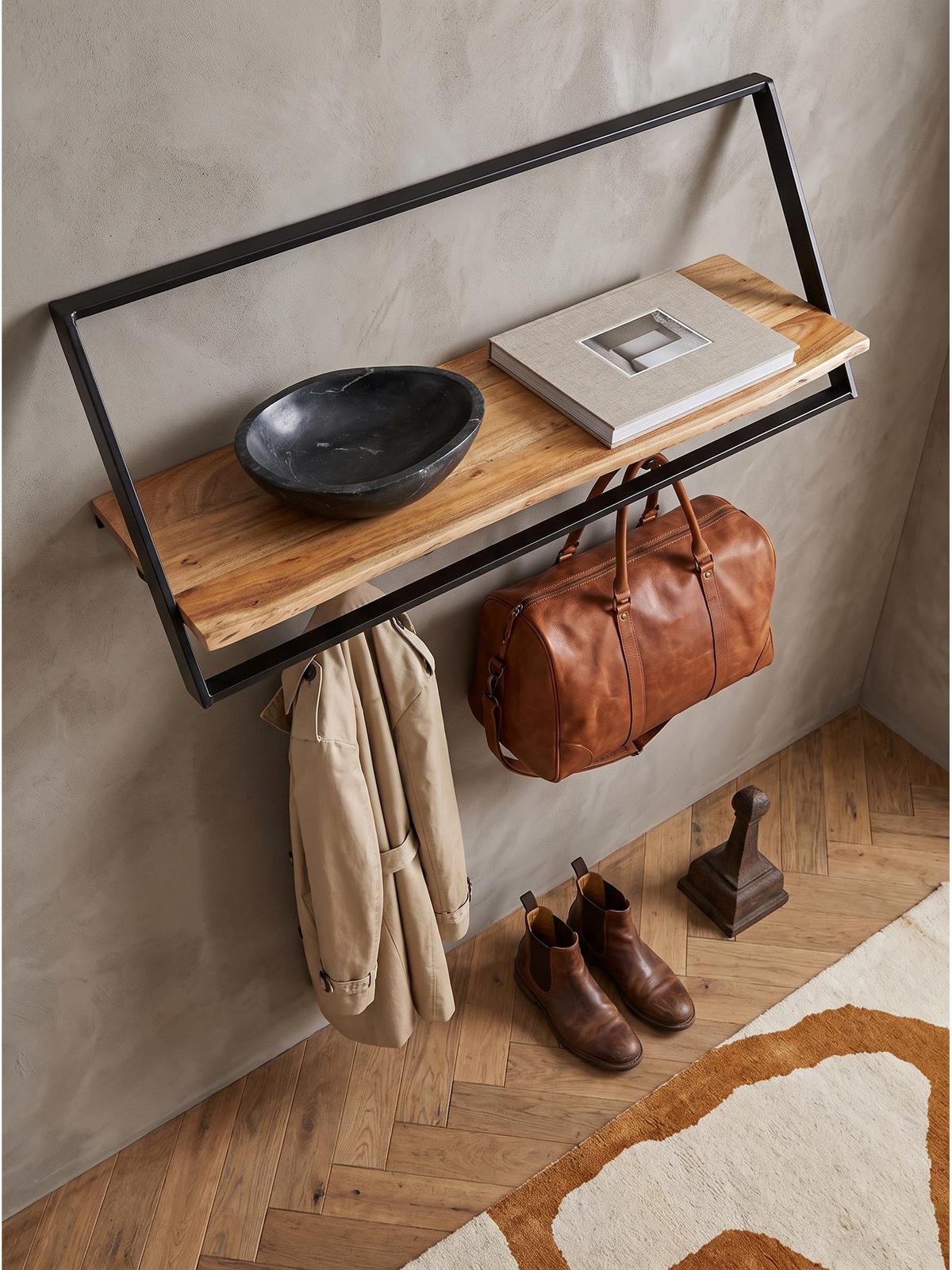 WANDGARDEROBE TIETAR, Akazie Massivholz, Akazie-Schwarz, 100 x 32,5 x 40 cm - Schwarz/Akaziefarben, Metall (100/40/32.5cm) - KADIMA DESIGN