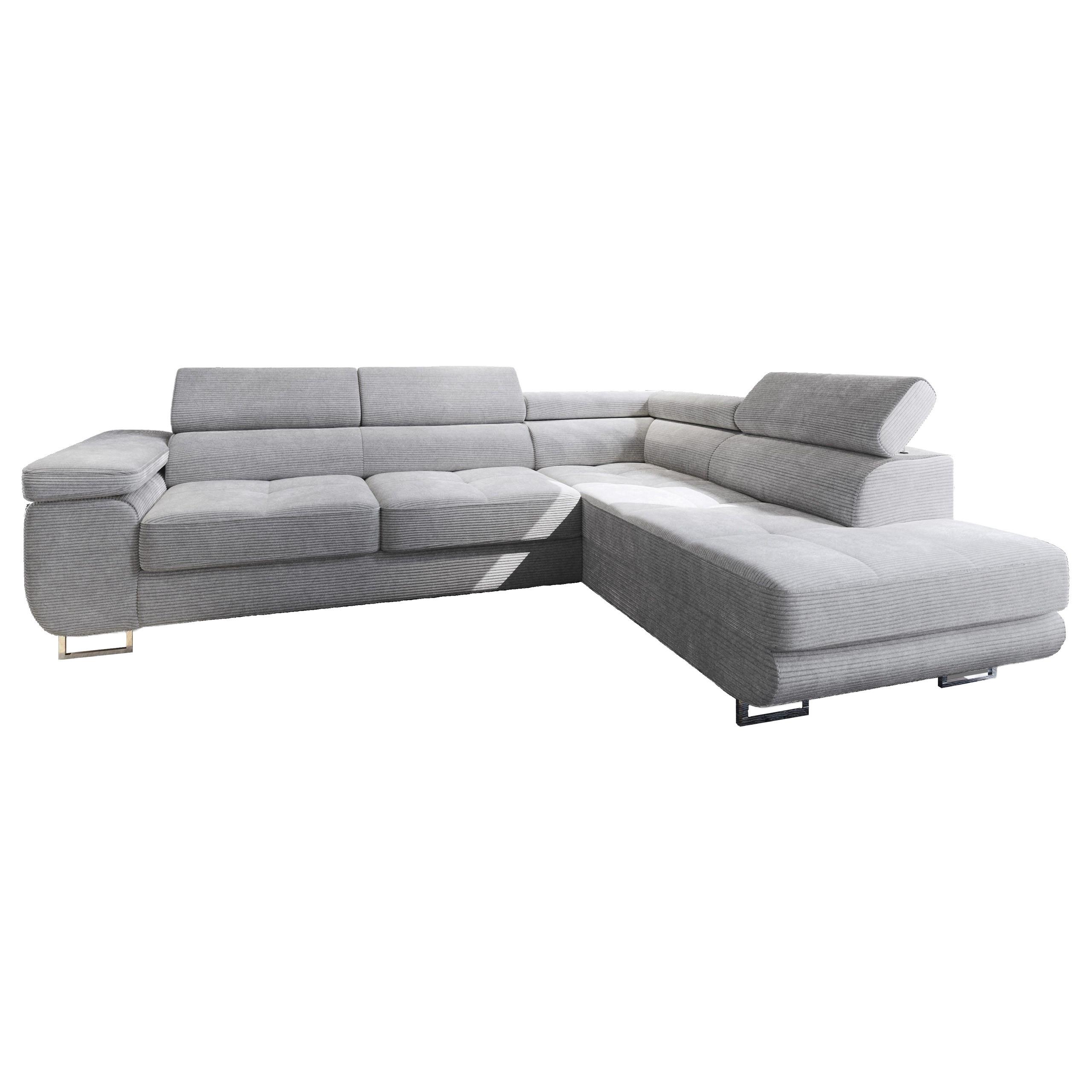 ECKSOFA APIRO R-S Hellgrau Kordstoff mit Schlaffunktion - Silberfarben/Hellgrau, Holz/Textil (276/202cm) - MASSENO