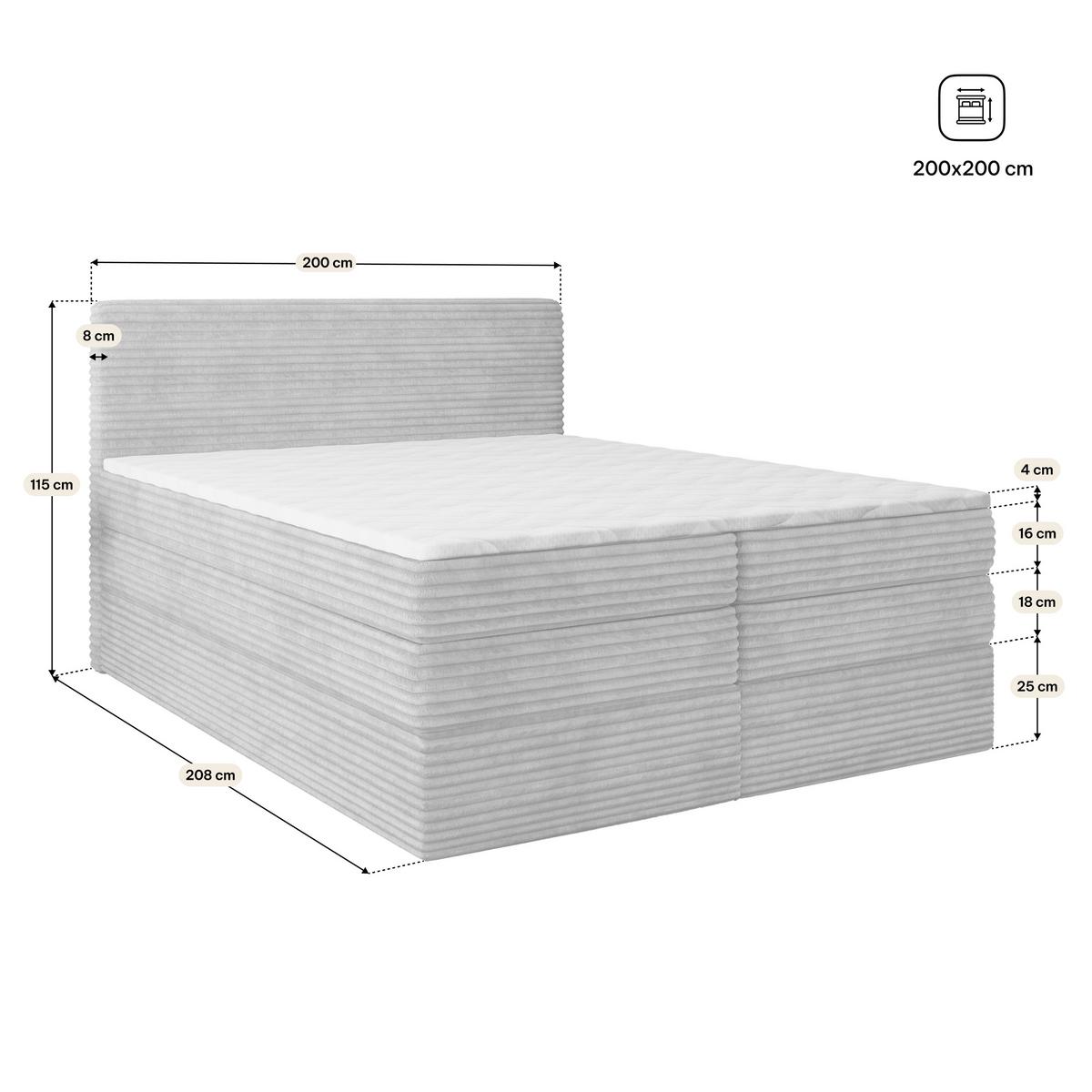 BOXSPRINGBETT LUNERA 200x200 cm mit Matratze und Topper, H2+H3 - Grau - Grau, Holz (200/200cm) - MASSENO