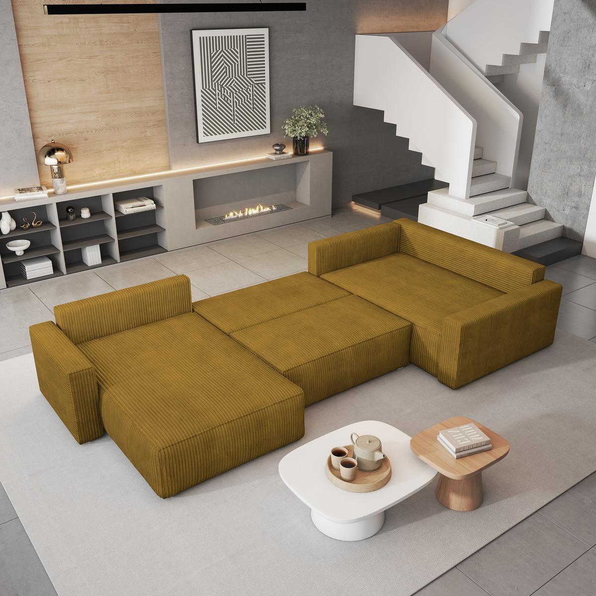 WOHNLANDSCHAFT VELAMI R-S Gelb Kordstoff mit Schlaffunktion - Gelb, Holz (365/83/194cm) - MASSENO