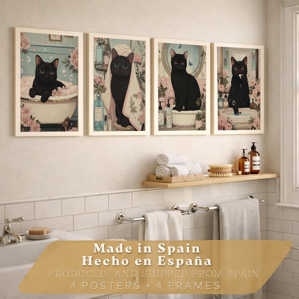 POSTER 4er-Set dekorative Kunstdrucke, schwarze Katze im Badezimmer, niedliches Blumenposter für Toilette, sanfter Leichter Holzrahmen A4 - Beige, Papier (29.7/21/3cm) - Nacnic