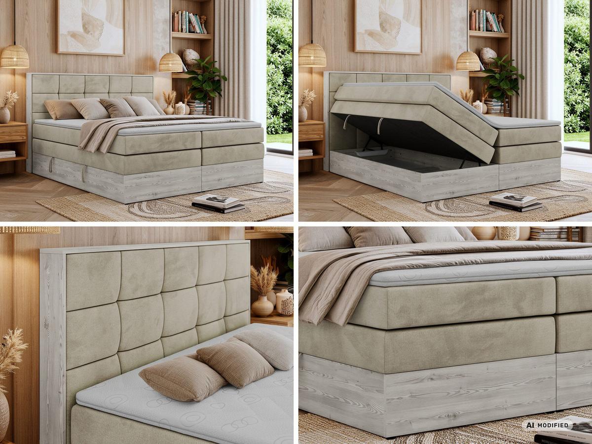 BOXSPRINGBETT ALNOR KING 140/200 - Beige Velvet - Topper T25 - H4 - Beige/Schwarz, Kunststoff/Textil (140/200cm) - MKS