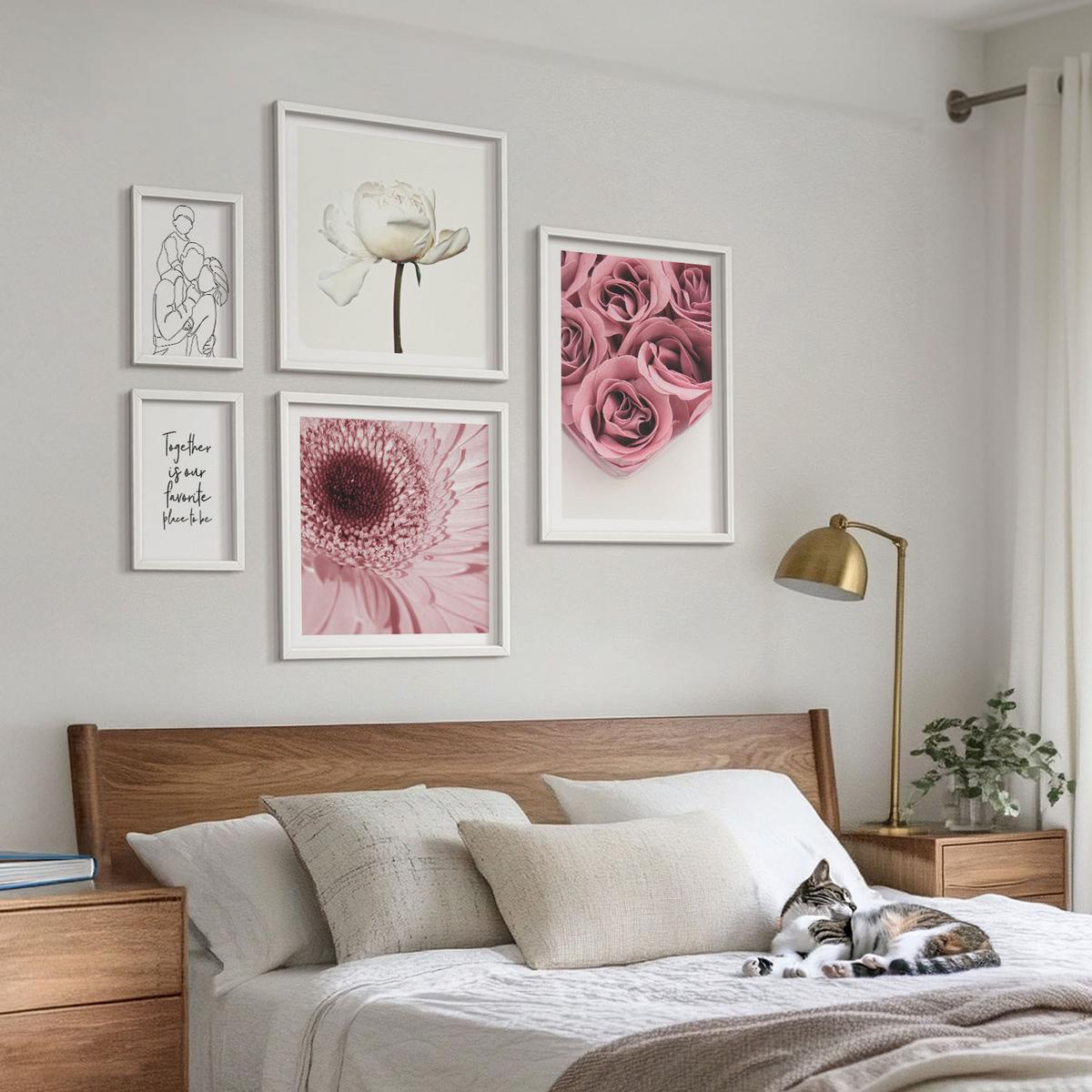 BILDER SET 5er Set - 50x50 cm & 20x30 cm & 40x60 cm Weißer Rahmen - Rosensträuße als Familienzeichnung - Weiß, Kunststoff (40/60cm) - TULUP