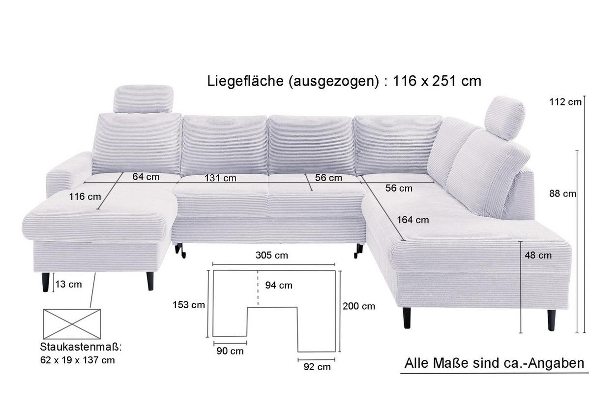 WOHNLANDSCHAFT mit Schlaffunktion Bettkasten Wellenunterfederung, 2 Kopfstützen, U-Form B305/T200/H88 cm, Cord Beige Grau / 17205 - Greige/Schwarz, Holz/Textil (305/88/200cm) - luma-home