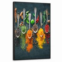 LEINWAND Bilder mit Rahmen - Kräuter - Gewürze - Löffel - 60x90 - Currygelb, Textil (60/90cm) - MuchoWow