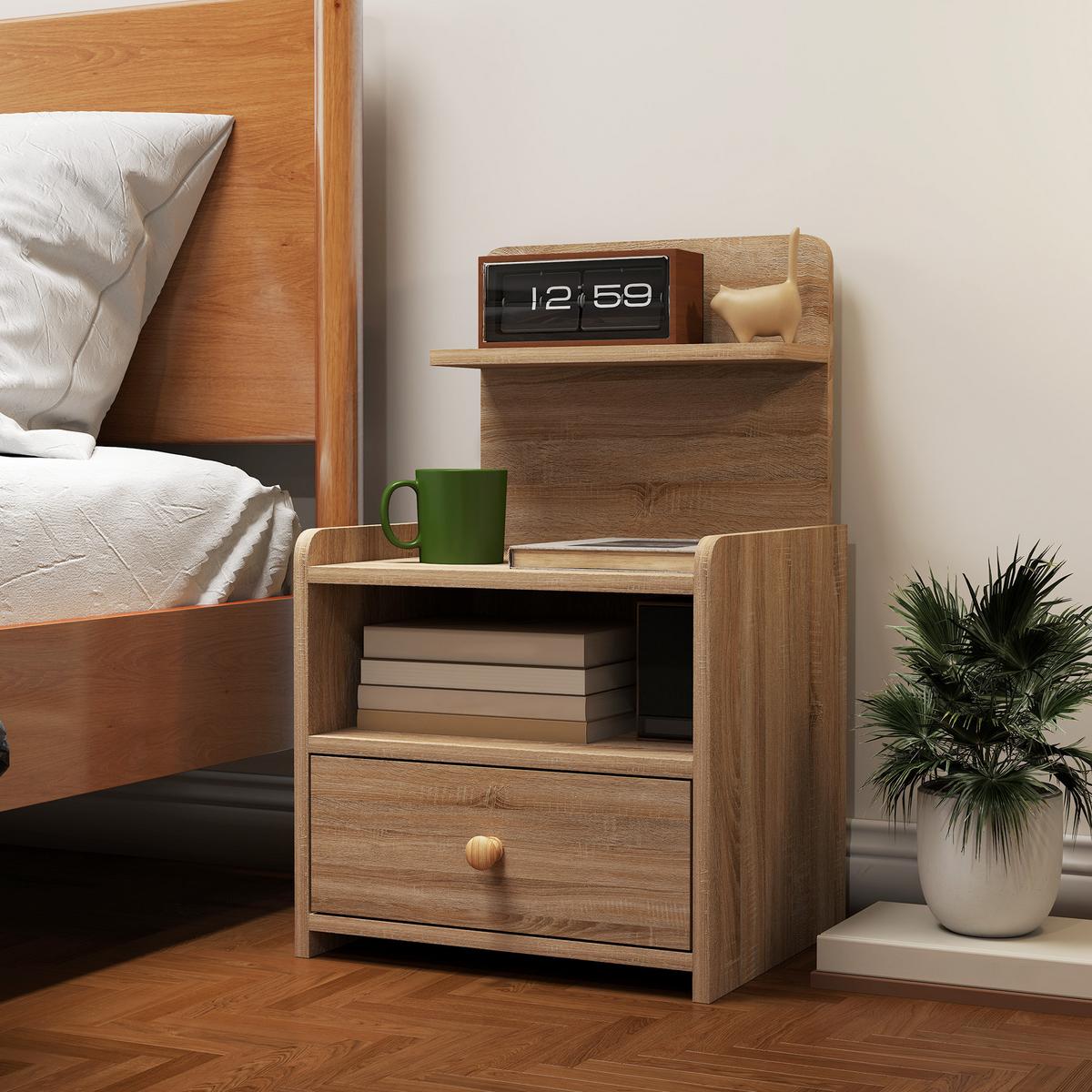 NACHTTISCH mit Schublade, Beistelltisch, Nachtschrank mit offenen Ablage Natur - Naturfarben, Holzwerkstoff (35/66/40cm) - HOMCOM