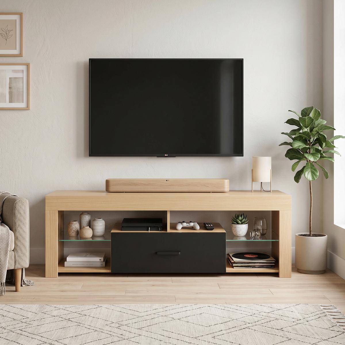 TV-LOWBOARD Spanplatte Glas Eiche - Eichefarben, Glas/Holzwerkstoff (40/45/140cm) - HOMCOM