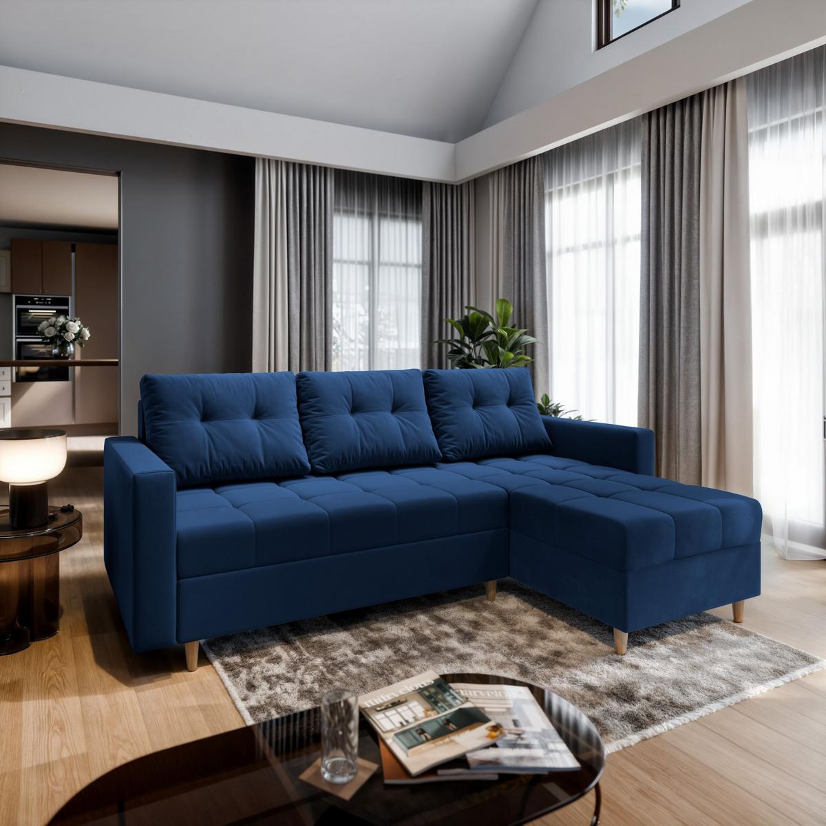 ECKSOFA MILO L Blau Plüsch-Stoff mit Schlaffunktion - Blau/Braun, Holz/Textil (220/140cm) - MASSENO