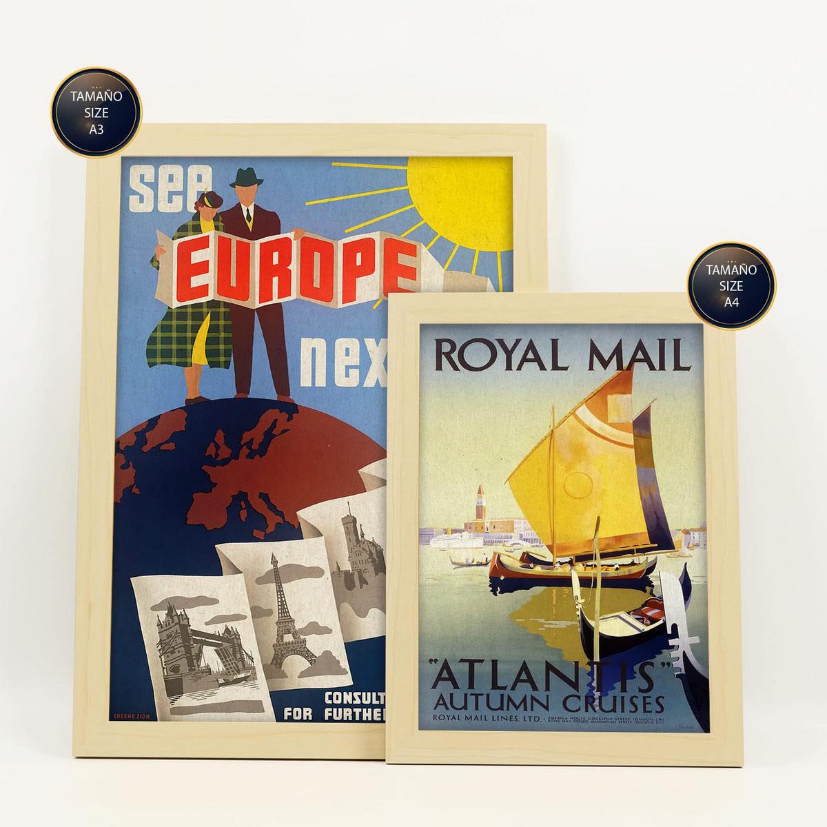 POSTER Set Mit 6 Europa Vollfarbige Illustrationen Von Vintage Tourismus Werbetafeln Aus Der Ganzen Welt A3 & A4 Rahmen Aus Hellem Holz - Beige, Papier (29/3cm) - Nacnic