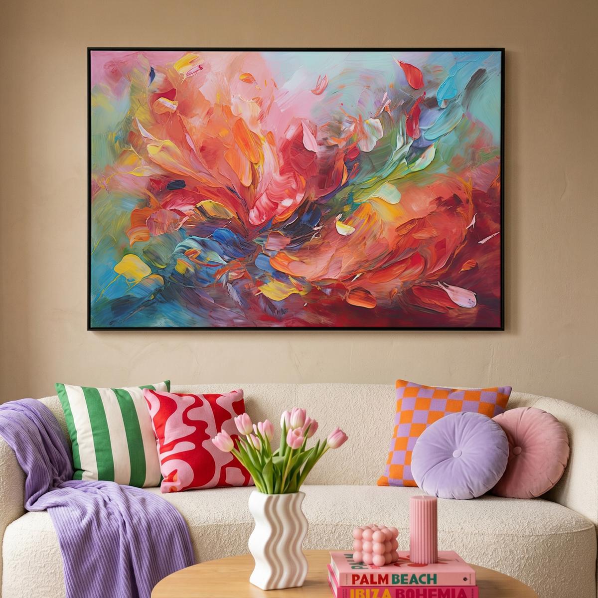 LEINWAND Bilder mit Rahmen - Ölgemälde - Kunst - Abstrakt - Farbenfroh - 120x80 - Altrosa, Textil (120/80cm) - MuchoWow