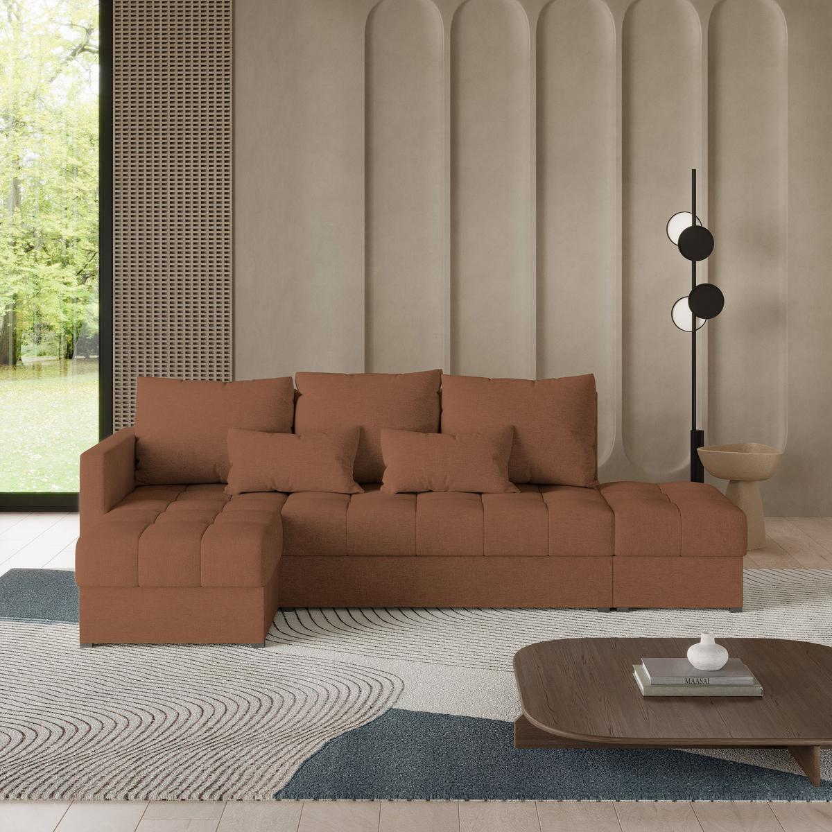 ECKSOFA LUMARI L-S Kupferfarben Plüsch-Stoff mit Schlaffunktion - Kupferfarben, Holz (262/143cm) - MASSENO