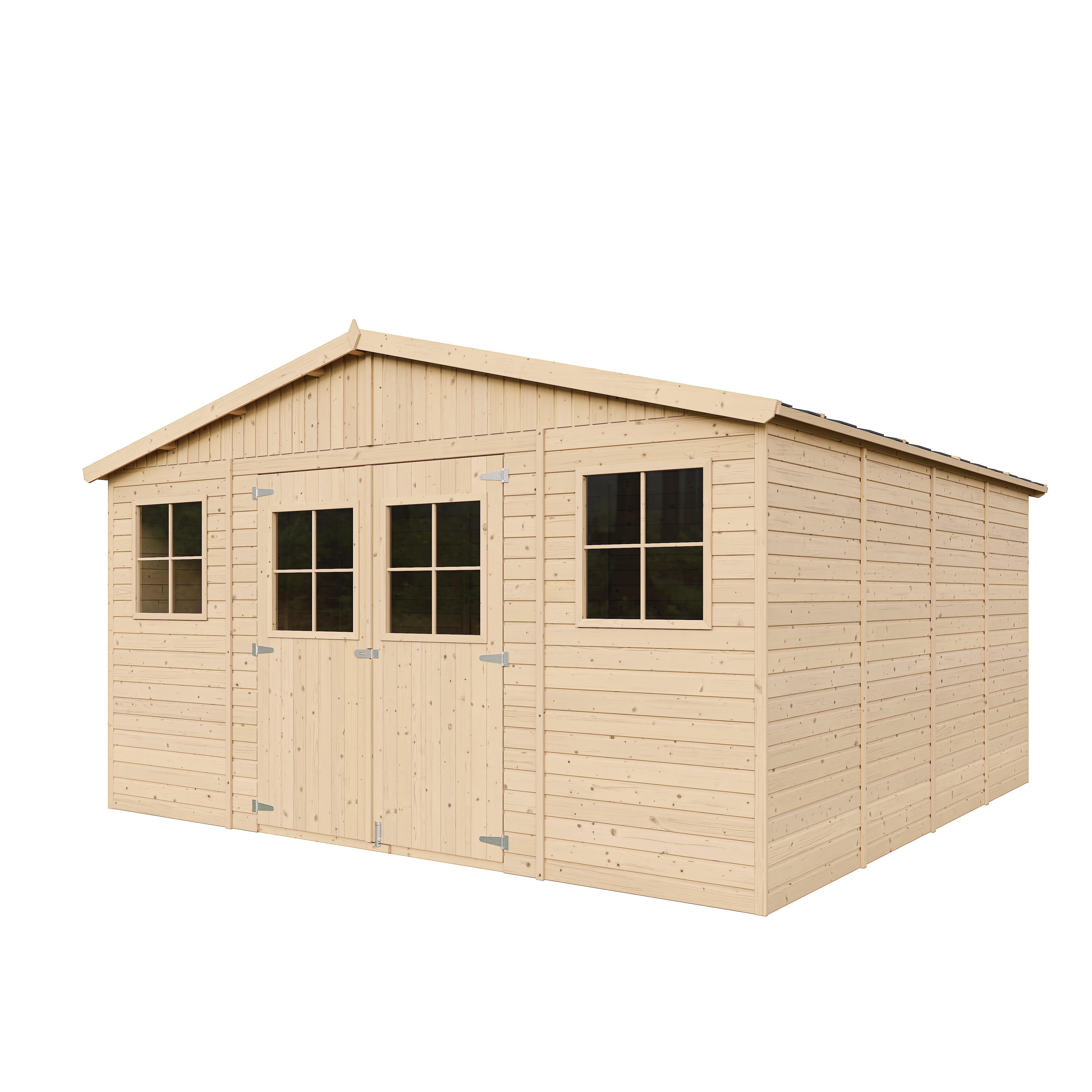 HOLZ-GARTENHAUS MIT IMPRÄGNIERTEM BODEN - H246 x 418 x 420 cm/ 16 m² - M330+330G - Beige, Holz (418/252/420cm) - Timbela