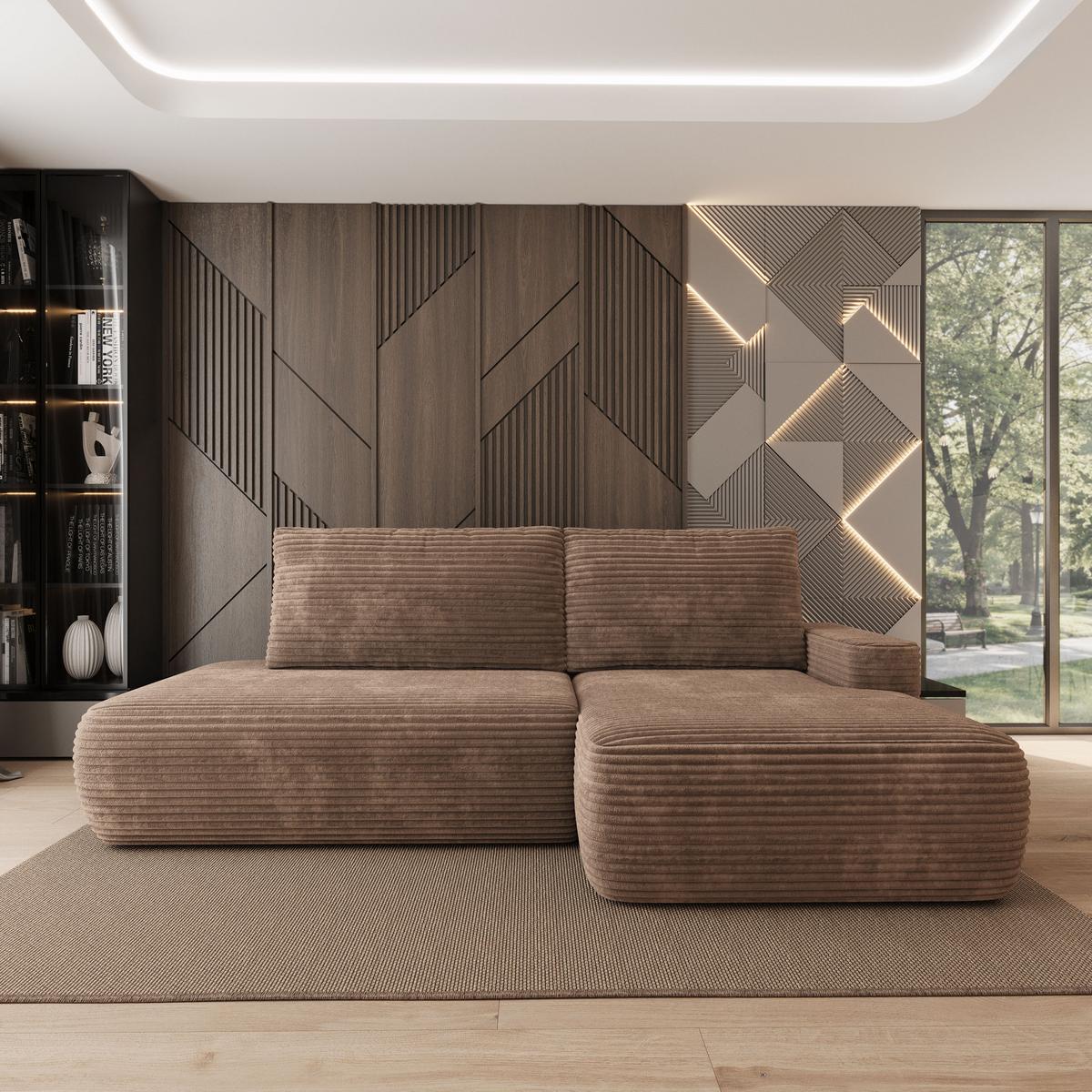 ECKSOFA AVINI T R-S Beige Kordstoff mit Schlaffunktion - Beige, Holzwerkstoff/Textil (277/160cm) - MASSENO