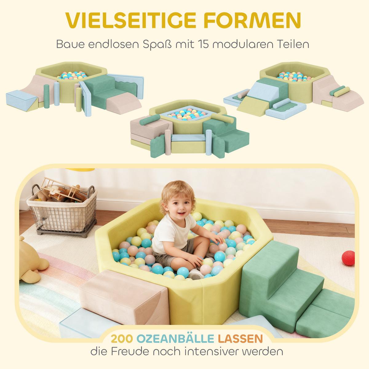 SCHAUMSTOFF Bausteine Kinder 15er-Set mit Bällepool, 200 Bälle Mehrfarbig - Multicolor, Textil (137.5/160cm) - AIYAPLAY