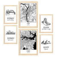 POSTER Set Mit 6 Von Ägypten Und Sidney Sammlung A3 & A4 Rahmen Aus Hellem Holz - Beige, Papier (29/3cm) - Nacnic