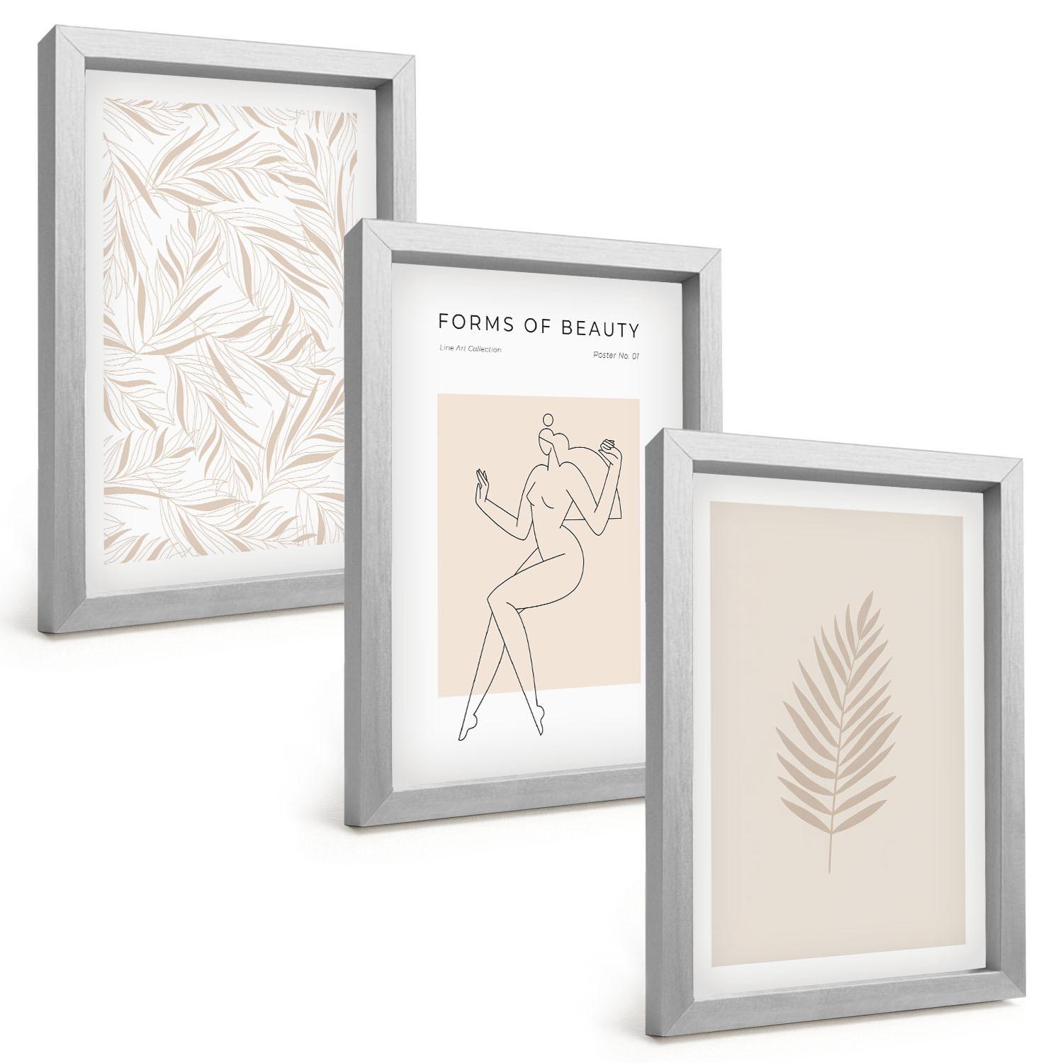 BILDER SET 3er Set - 20x30 cm Silberner Rahmen - Minimalistische botanische Motive - Silberfarben, Kunststoff (20/30cm) - TULUP