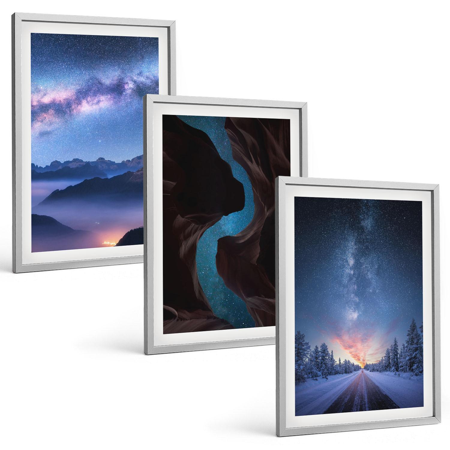 BILDER SET 3er Set - 40x60 cm Silberner Rahmen - Nachthimmel, Berge, Winterlandschaft - Silberfarben, Kunststoff (40/60cm) - TULUP