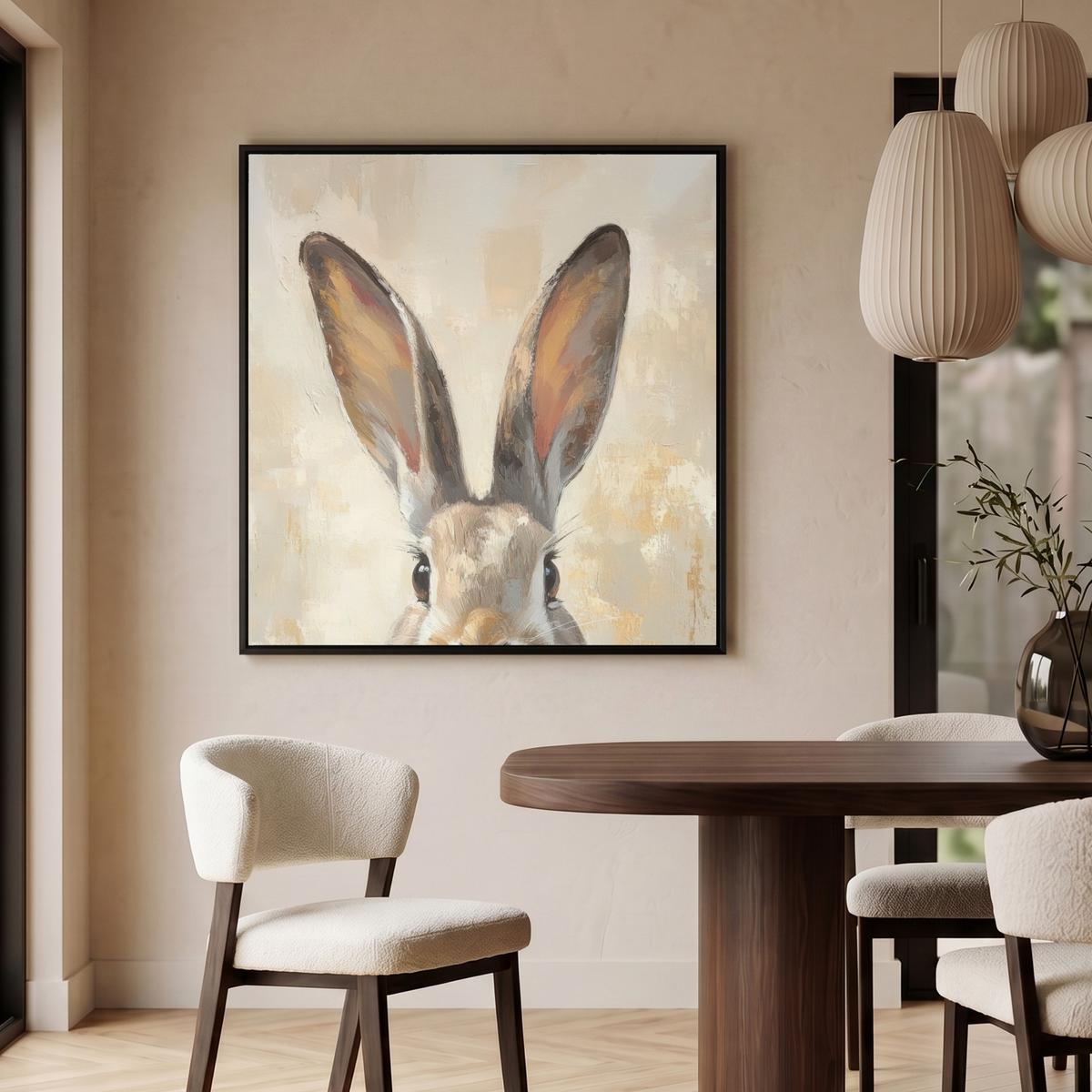 LEINWAND Bilder mit Rahmen - Hase - Ohren - Braun - 90x90 - Beige, Textil (90/90cm) - MuchoWow