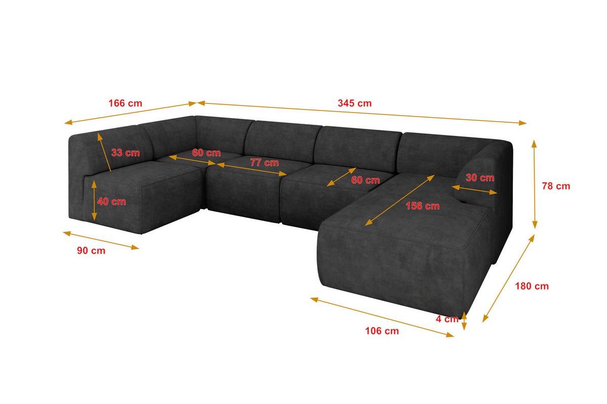 WOHNLANDSCHAFT Ottomane Rechts MOVO-L 345x180x78 cm Dunkelgrau Velours - Eschefarben, Holzwerkstoff/Kunststoff (180/78/345cm) - ALTDECOR