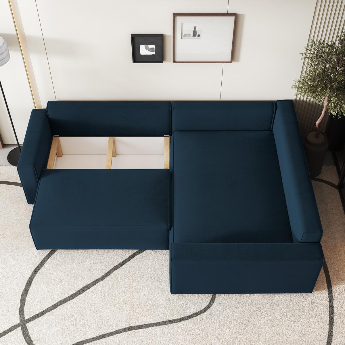 ECKSOFA ERONIS R-S Blau Velours-Stoff mit Schlaffunktion - Blau, Holz (265/194cm) - MASSENO