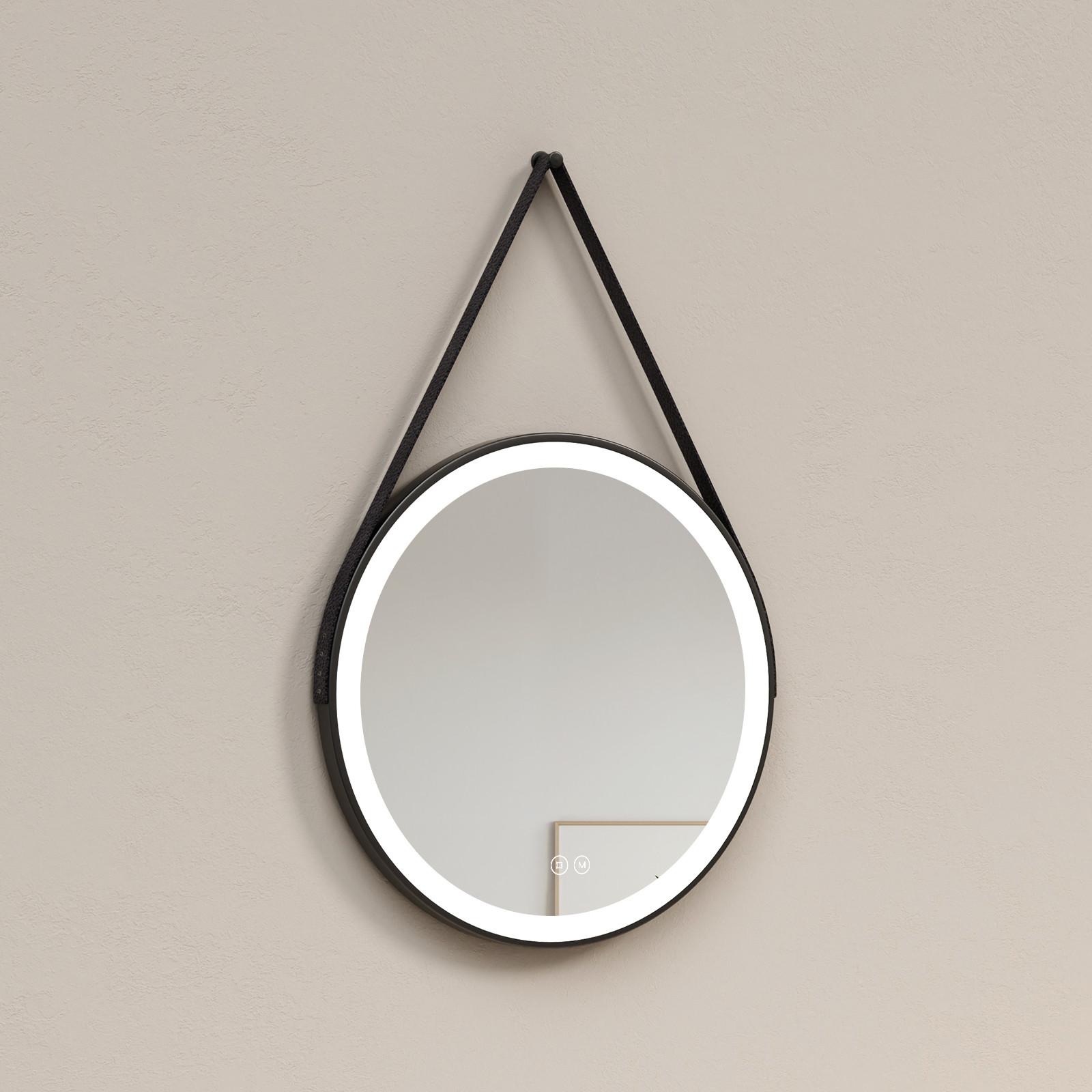 BADSPIEGEL Rund mit Touch-Schalter Beleuchtung mit Hängeriemen Schwarz Ø 60 cm - Schwarz, Glas (60/60/3.5cm) - EMKE