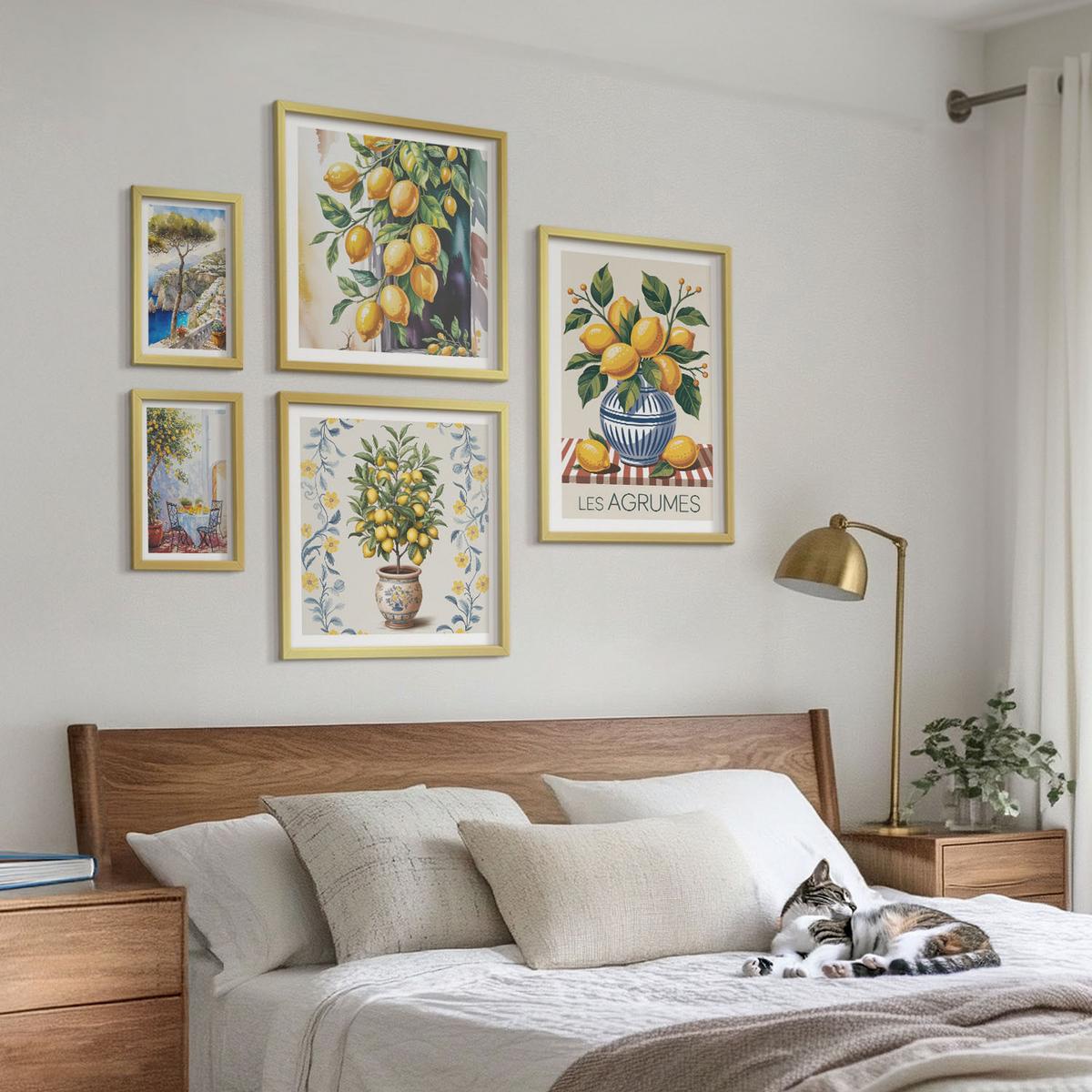BILDER SET 5er Set - 50x50 cm & 20x30 cm & 40x60 cm Goldrahmen - Zitronenbäume am Meer - Goldfarben, Kunststoff (40/60cm) - TULUP