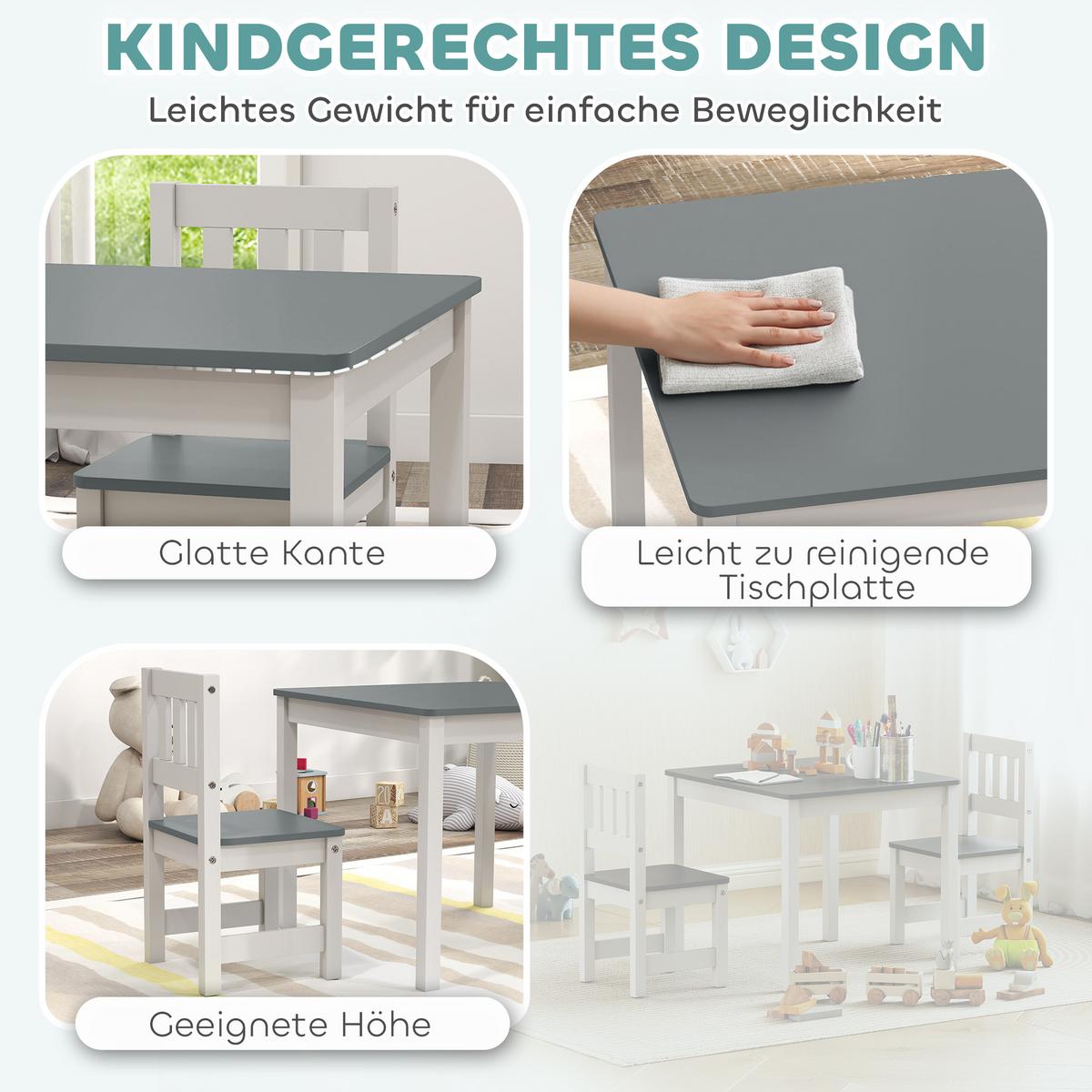 KINDERTISCH mit 2-Stühlen 3er Set MDF Kiefernholz Grau - Grau, Holz (52/48/56cm) - AIYAPLAY