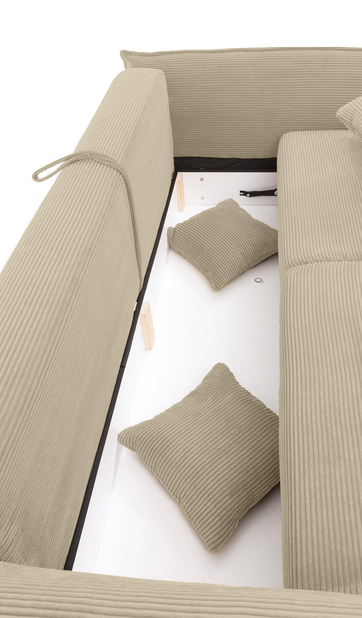 BIG-SOFA mit Schlaffunktion, Bettkasten, Federkern, Armlehnen verstellbar B242/T131/H90 cm, Liegefläche 168x199 cm, Cord Beige Grau / 17215 - Chromfarben/Greige, Kunststoff/Textil (242/90/131cm) - luma-home
