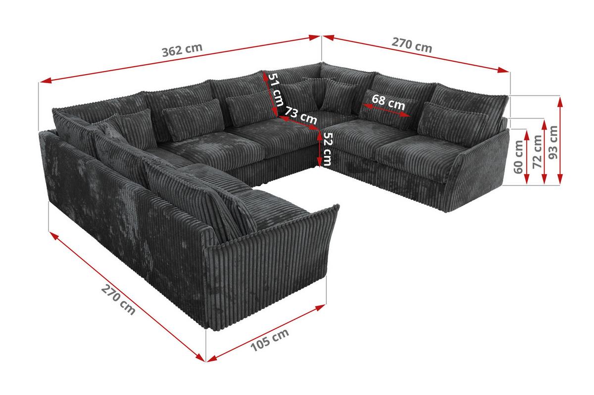 WOHNLANDSCHAFT VERSO U 8M Dunkelgrau Cord - Dunkelgrau/Schwarz, Kunststoff/Textil (362/93/270cm) - MKS