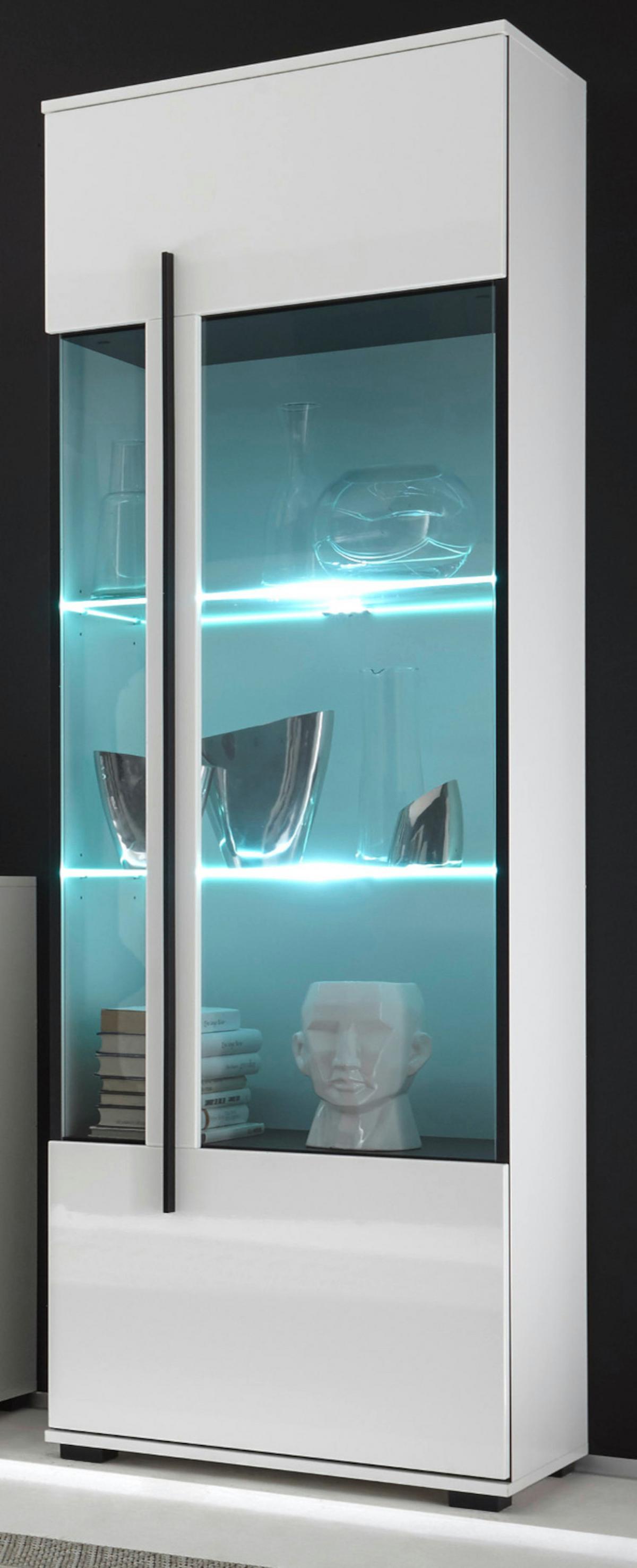 VITRINE weiß Hochglanz 60 x 200 cm, Vitrinenschrank mit 5 Fächern - Weiß Hochglanz/Schwarz, Glas/Holzwerkstoff (60/200/37cm) - Furn.Design
