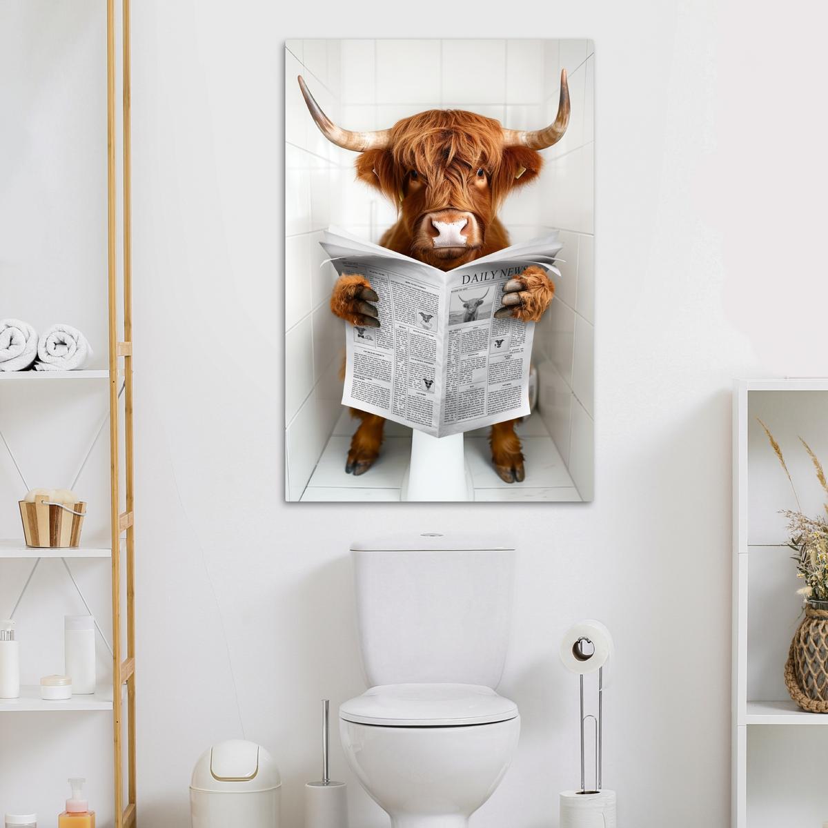 LEINWANDBILD Schottischer Highlander - Tier - Zeitung - Toilette Deko XXL 80x120 cm - Kastanienfarben, Textil (80/120cm) - MuchoWow