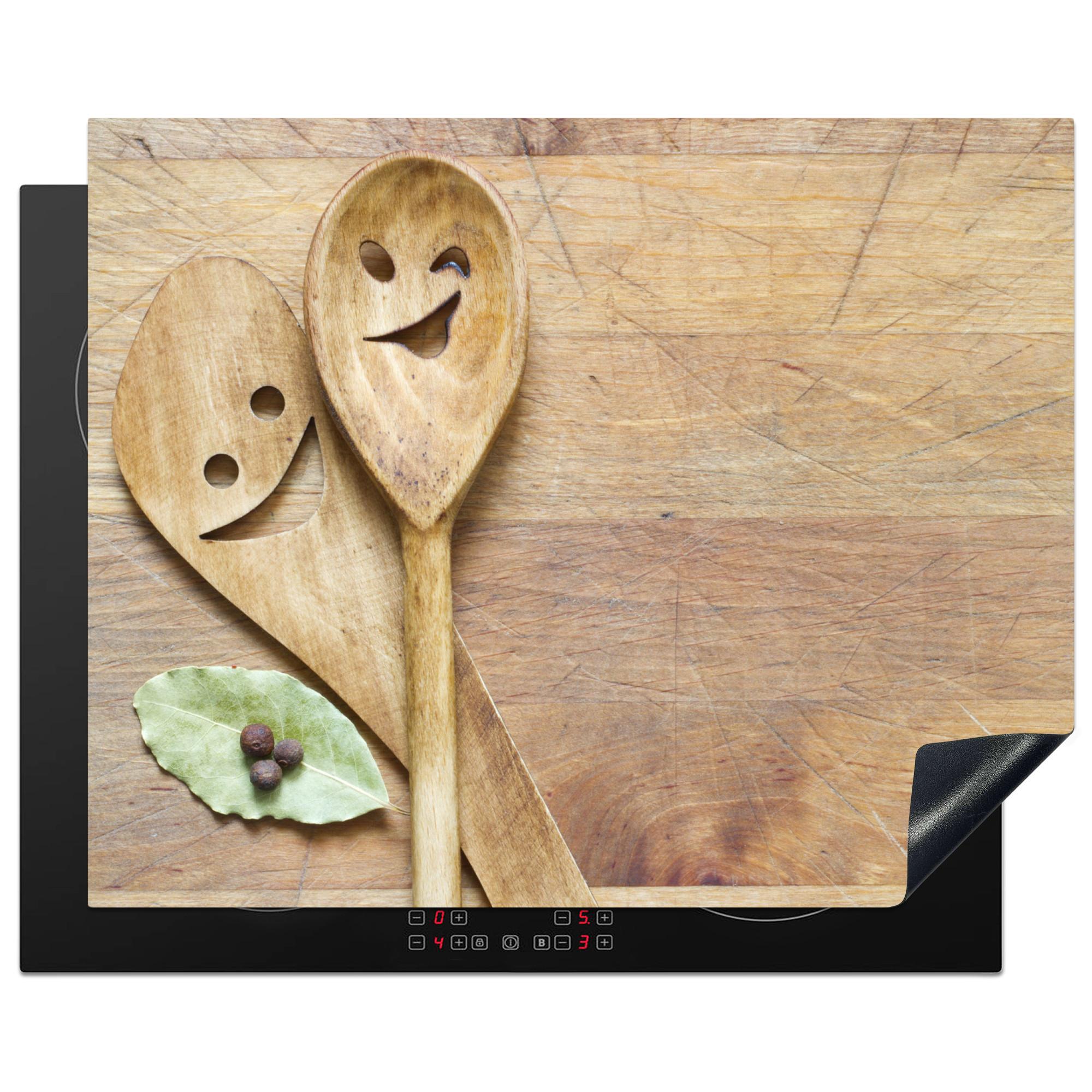 HERDABDECKPLATTE Holz - Löffel - Braun - Smiley Herdabdeckung Induktionsfeld 65x52 cm - Hellbraun, Kunststoff (65/52/0.2cm) - MuchoWow