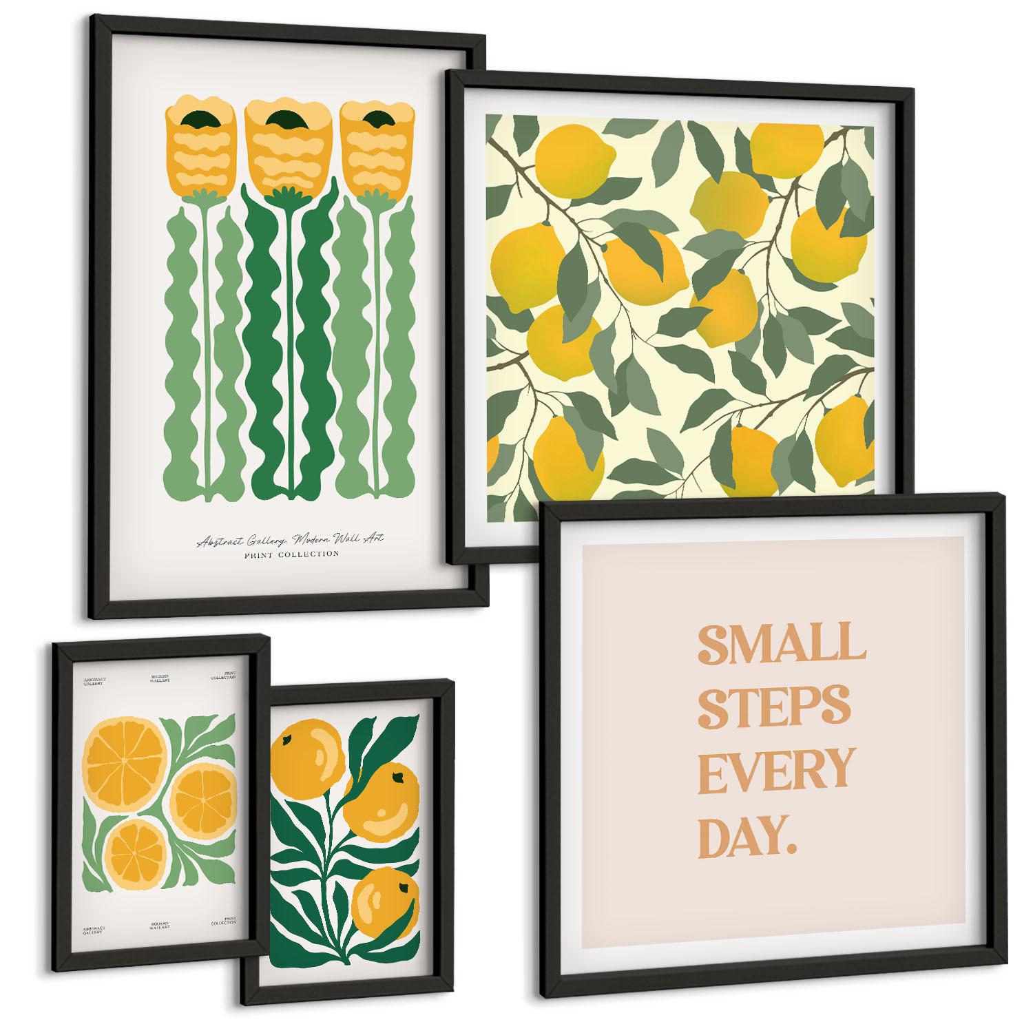BILDER SET 5er Set - 50x50 cm & 20x30 cm & 40x60 cm Schwarzer Rahmen - Pflanzenmuster mit Blumen - Schwarz, Kunststoff (40/60cm) - TULUP