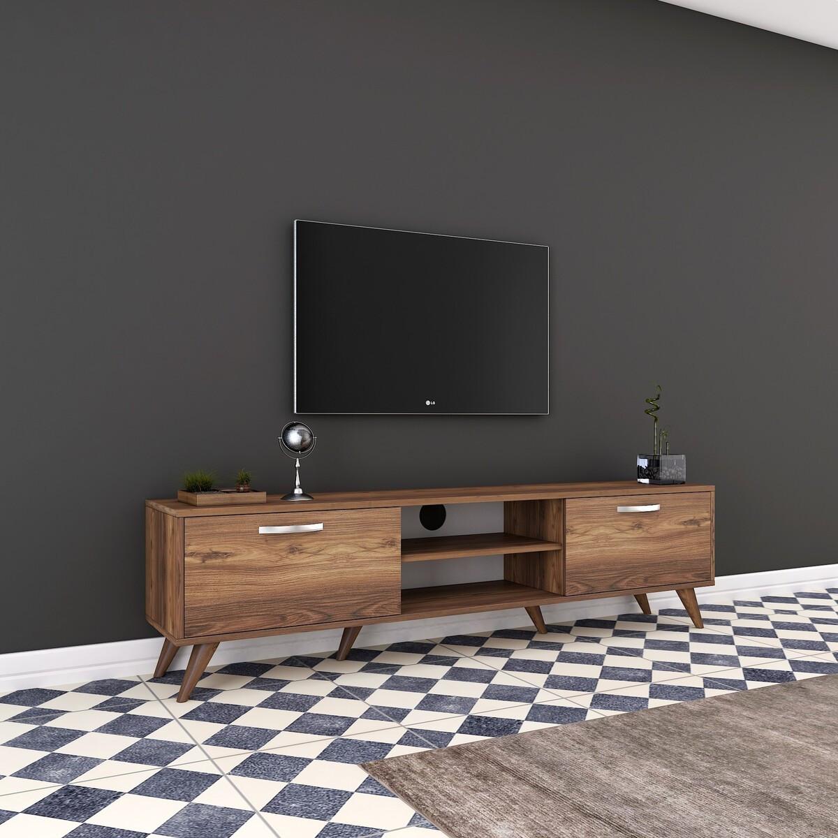 TV-MÖBEL 2 Klapptüren 2 offene Fächer in der Mitte Dekor Walnussholz 35/48,6/180 cm - Nussbaumfarben, Holzwerkstoff (180/48.6/40.5cm) - Calicosy