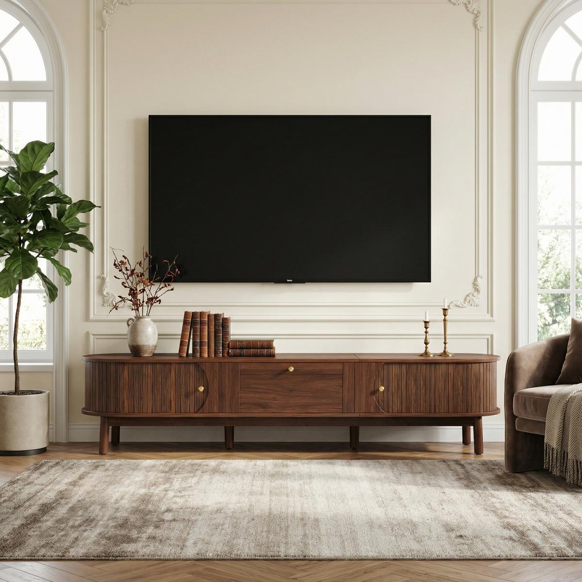 TV-LOWBOARD in Nussbaum-Optik, Fernsehschrank mit Schiebetüren - Weiß, Holzwerkstoff (170/38/40cm) - Urban Meuble