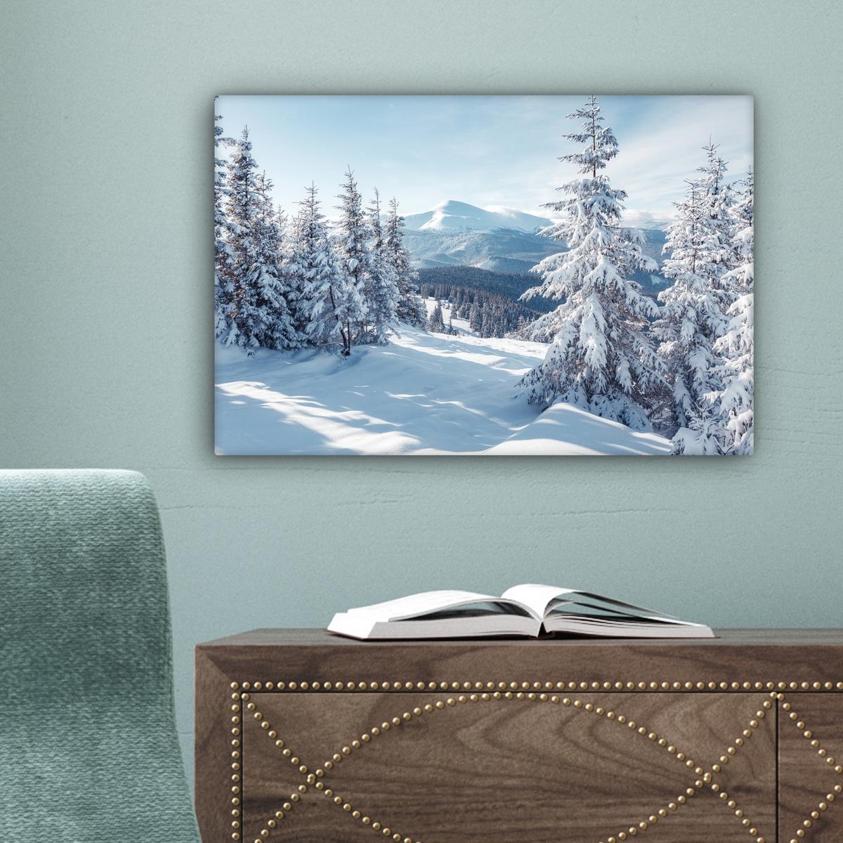 LEINWANDBILD Winterlandschaft - Natur - Berge - Bäume - Schnee Deko Schlafzimmer 30x20 cm - Hellblau, Textil (30/20cm) - MuchoWow