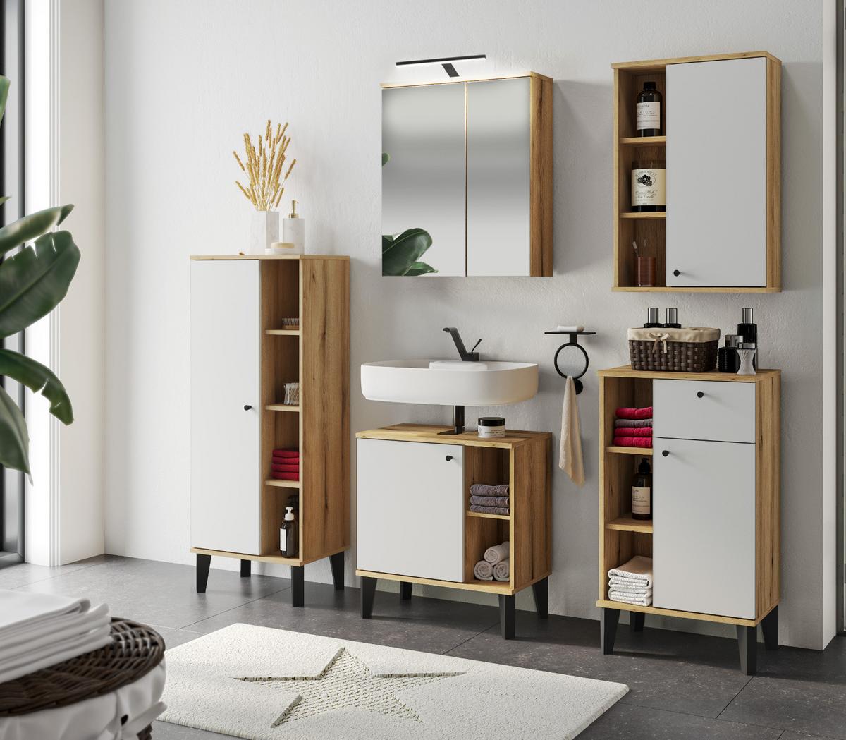 BAD-MIDISCHRANK weiß, Evoke Eiche, Badmöbel Kommode, 51 x 128 cm - Eichefarben/Schwarz, Holzwerkstoff/Kunststoff (51/128/33cm) - Furn.Design
