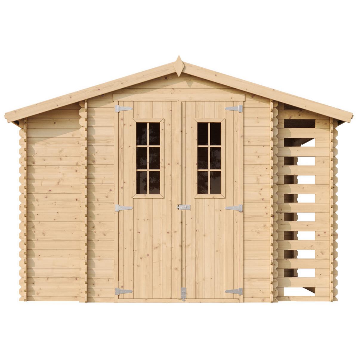 HOLZHAUS GARTENHAUS mit Brennholzschuppen M389C+M389G - mit imprägniertem Boden- 3,53 + 0,97 + 0,97 m2 - Beige, Holz (312/218/206cm) - Timbela