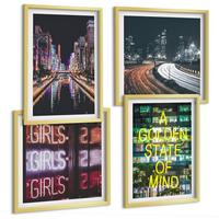 BILDER SET 4er Set - 50x50 cm & 40x60 cm Goldrahmen - Neonreklamen in der Stadt bei Nacht - Goldfarben, Kunststoff (50/50cm) - TULUP