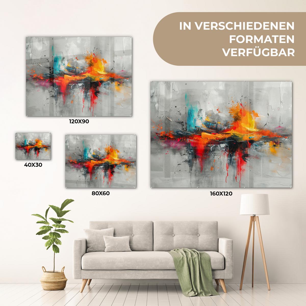 ACRYLGLASBILD Moderne Kunst - Orange - Grau - Abstrakt 80x60 cm - Hellgrau, Glas (80/60cm) - MuchoWow