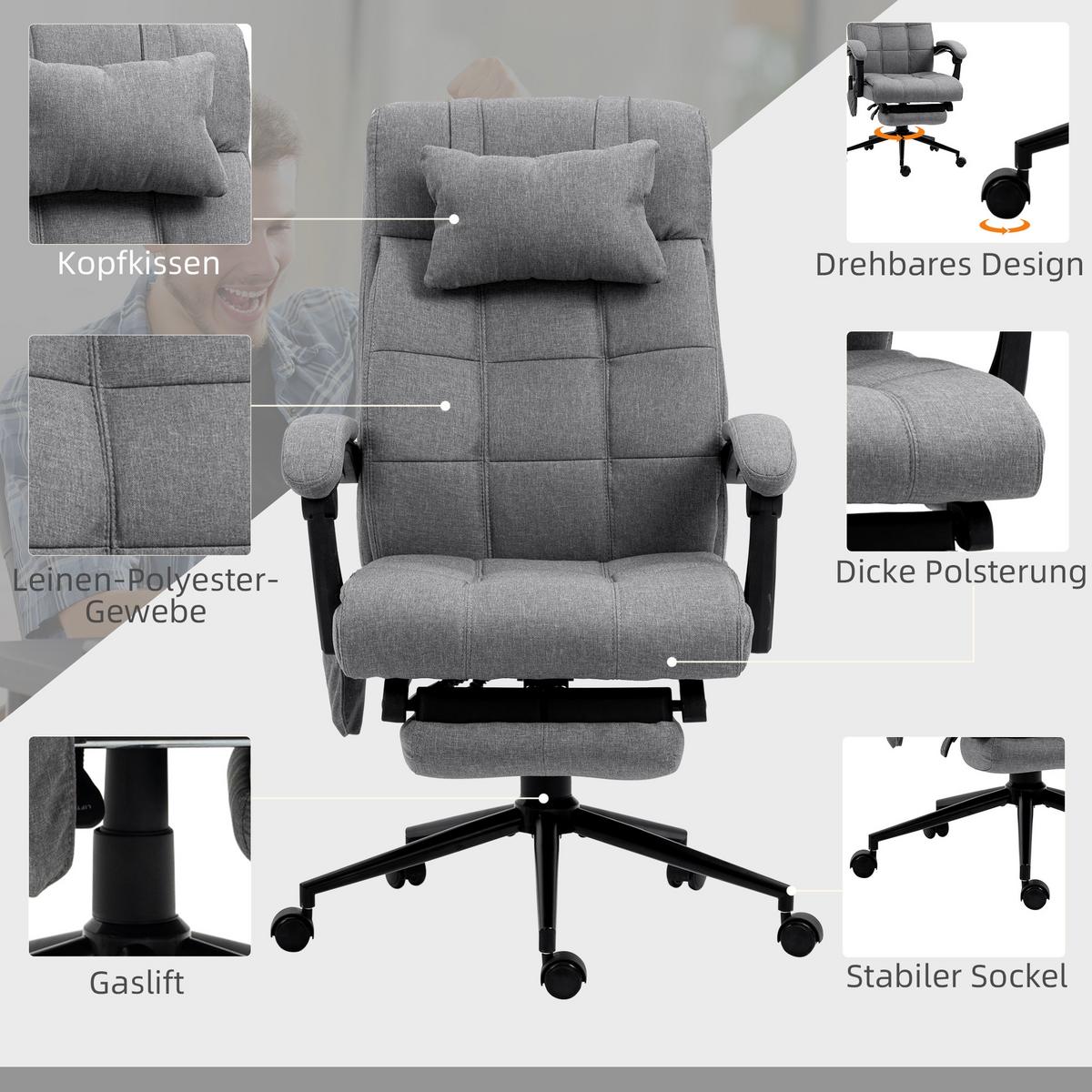 BÜROSTUHL mit Massagefunktion, Ergonomisch Schreibtischstuhl mit Lendenheizung - Grau, Kunststoff (76/124/66cm) - Vinsetto