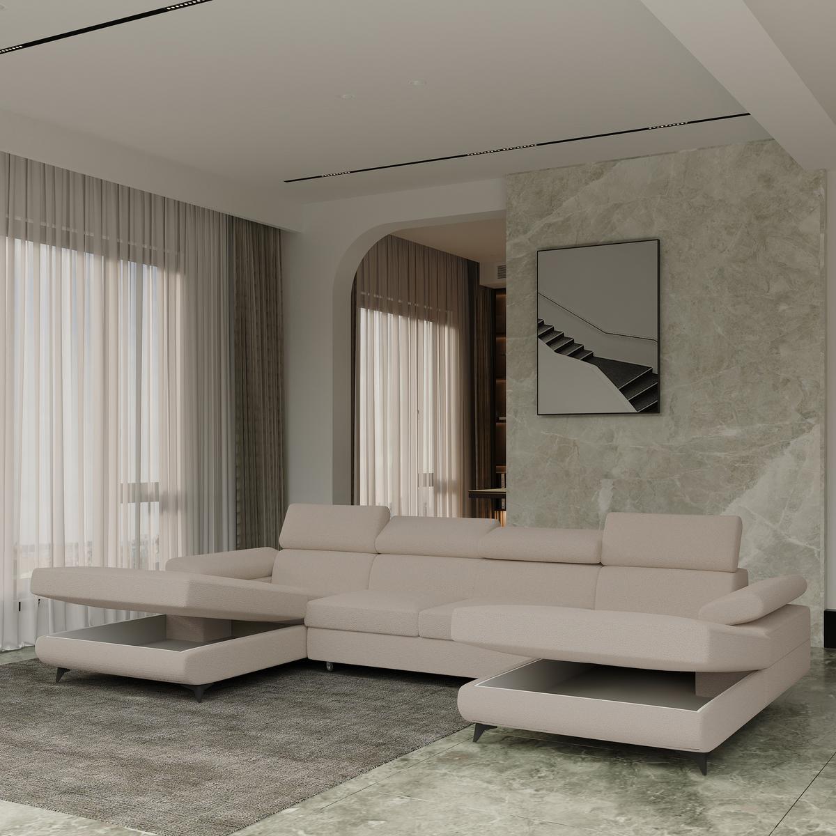 WOHNLANDSCHAFT DETTI Beige Boucle-Stoff mit Schlaffunktion - Beige, Holz (339/89/190cm) - MASSENO