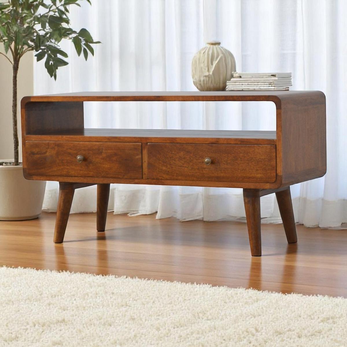 MEDIENUNIT Massives Mangoholz Gewölbte, Kastanienholz-Finish, mit 2 Schubladen - Messingfarben/Braun, Holz/Metall (90/47/35cm) - Artisan Furniture