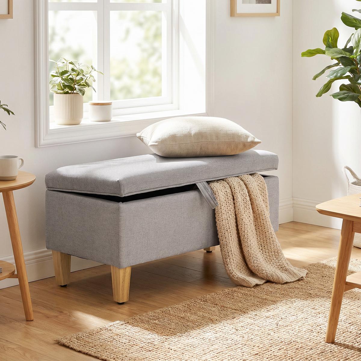 TRUHENBANK Polyester Schaumstoff Hellgrau - Hellgrau/Naturfarben, Holz/Textil (37/36/71cm) - HOMCOM
