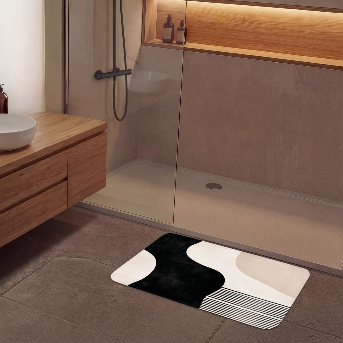 BADEMATTE Abstrakt - Japandi - Beige - Modern 90x60 cm - Beige/Schwarz, Textil (90/60cm) - OnlyWow