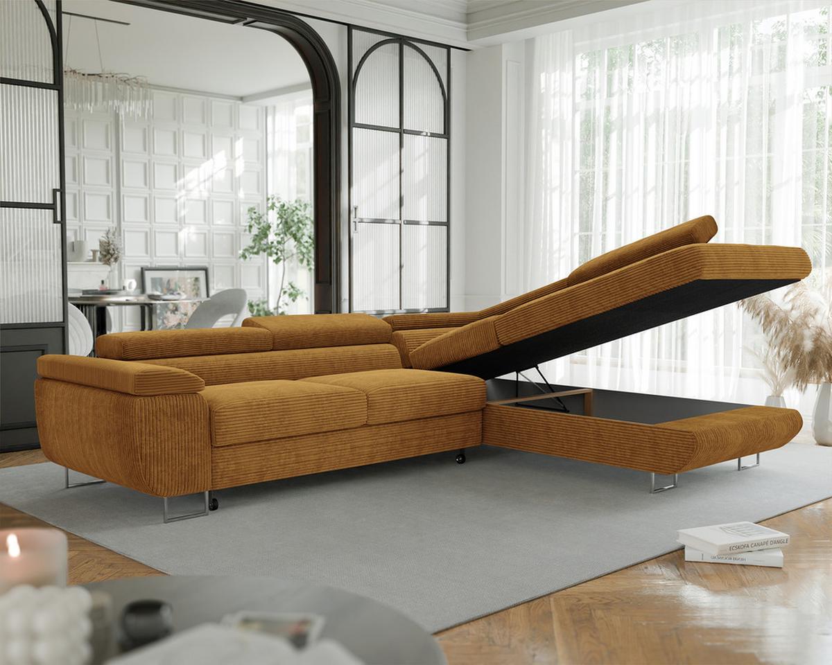 ECKSOFA ANTON rechts, mit Schlaffunktion und Bettkasten Senfgelb - Currygelb/Chromfarben, Textil/Metall (274/203cm) - Idohome