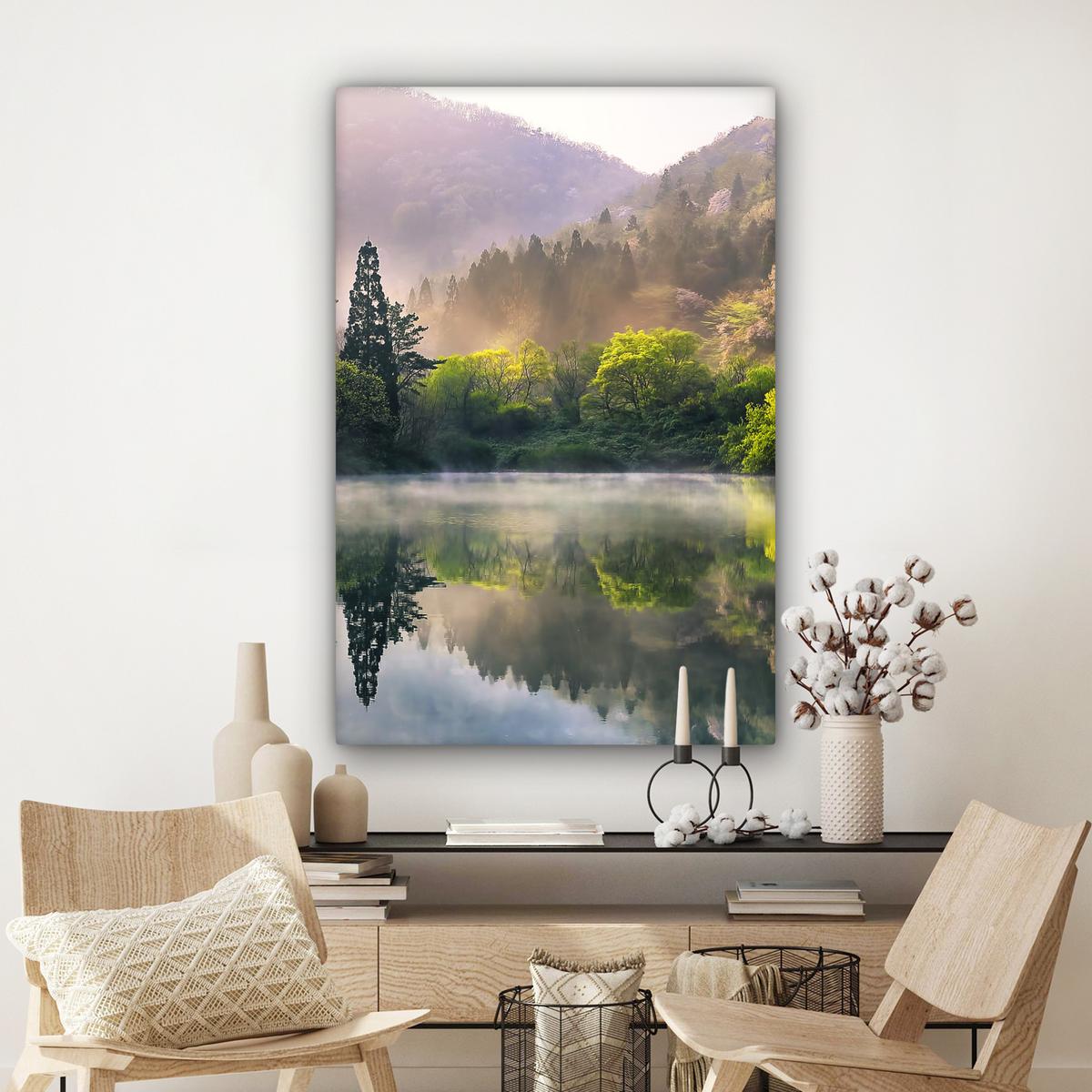 LEINWANDBILD Natur - Bäume - Berge - See - Wasser Deko XXL 80x120 cm - Hellgrün, Textil (80/120cm) - MuchoWow