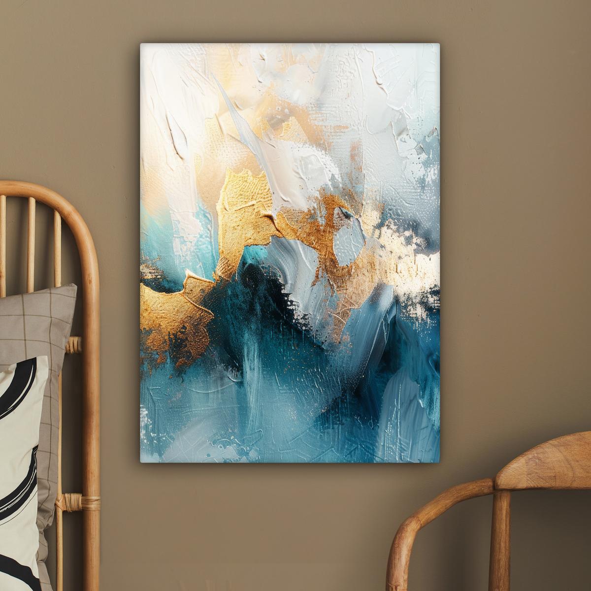 LEINWANDBILD Abstrakt - Kunst - Gold - Blau Wandbild Wohnzimmer 60x80 cm - Petrol, Textil (60/80cm) - MuchoWow